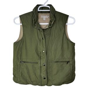 J CREW Vest Women's Medium Olive Green Utility Pockets Hood Zip Up Army Military